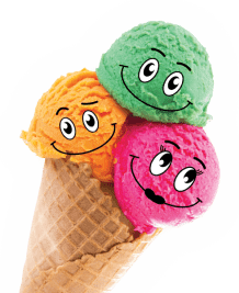 three balls ice-cream in cone with fanny smile